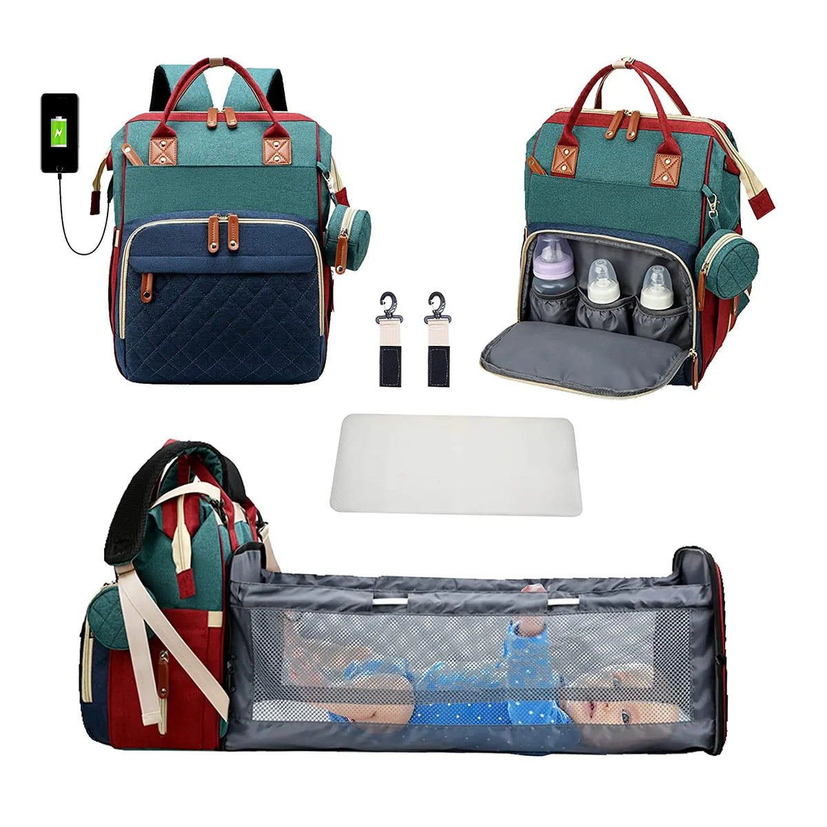 3-in-1 Diaper Bag Backpack with Foldable Baby Bed