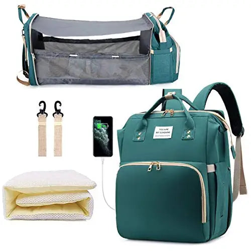 3-in-1 Diaper Bag Backpack with Foldable Baby Bed