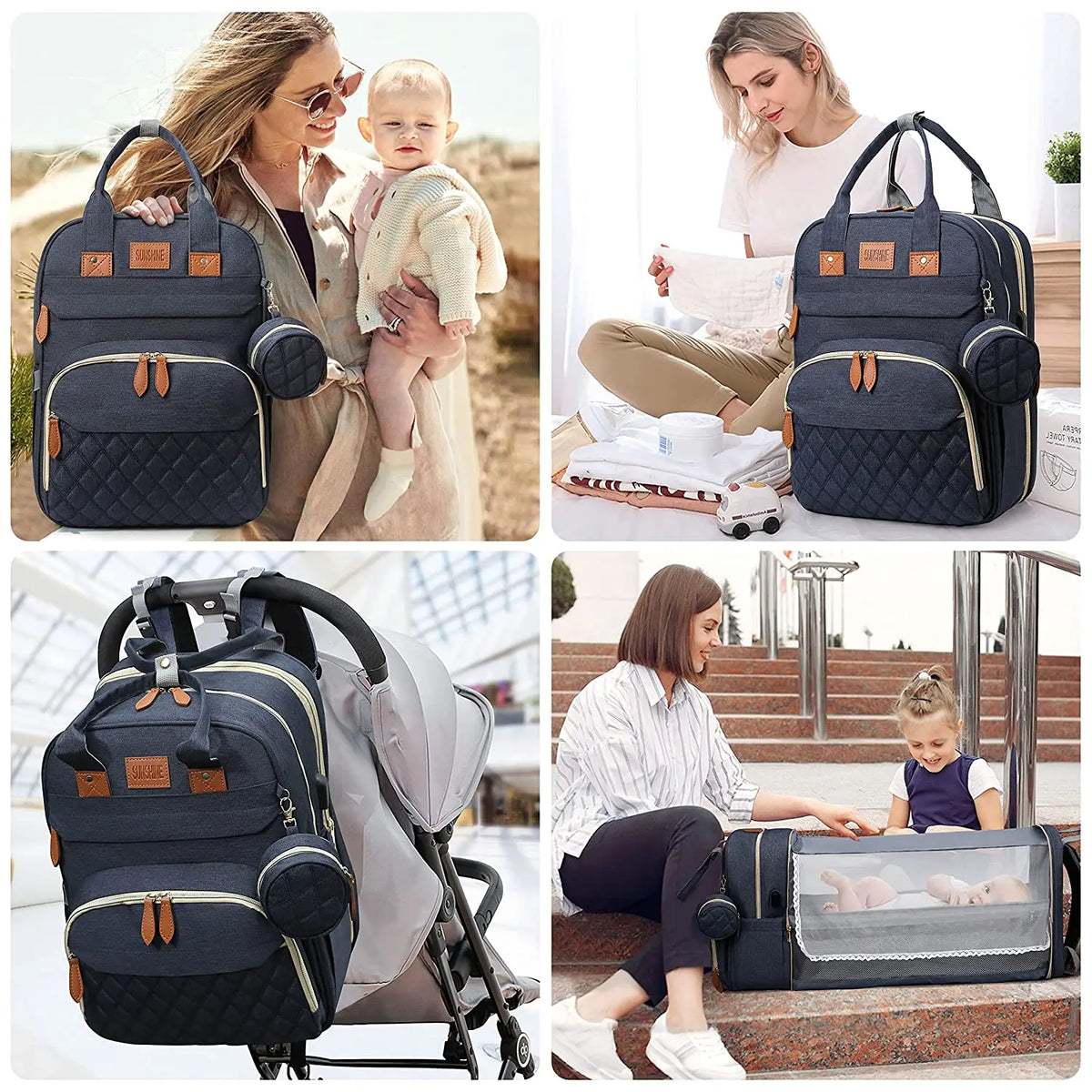 3-in-1 Diaper Bag Backpack with Foldable Baby Bed