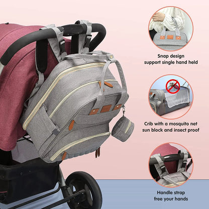 3-in-1 Diaper Bag Backpack with Foldable Baby Bed