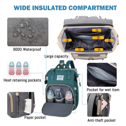 3-in-1 Diaper Bag Backpack with Foldable Baby Bed