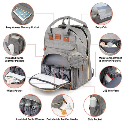 3-in-1 Diaper Bag Backpack with Foldable Baby Bed